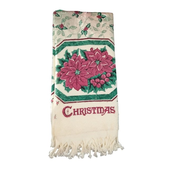 Vintage Franco Christmas Fringed 4 pc Hand Towel Potholder Set Poinsettias - Picture 4 of 5
